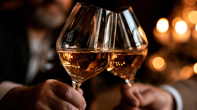 Two people making a toast with elegant crystal wine glasses in dim setting