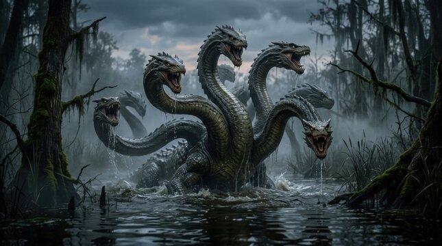 Mythological Multi-Headed Hydra Monster in Foggy Swamp