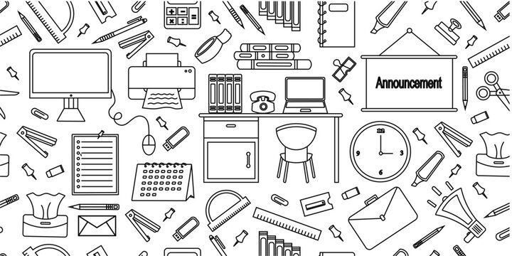 Office items doodle seamless pattern background. Workspace items doodle line pattern. Office supplies doodle seamless design. Business workspace doodle pattern background.