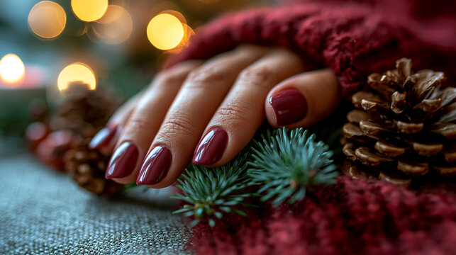 Close-up of woman hand with dark red nail polish touching pine cones, manicure