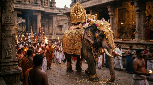 Ornate Golden Adorned Elephant in Hindu Temple Festival Procession