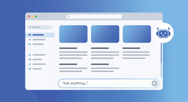 AI Search Interface: A modern browser window displays a clean and intuitive search interface, featuring a chatbot icon and a search bar prompting Ask anything....