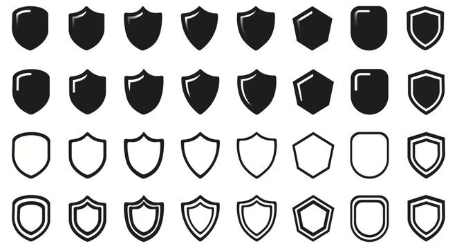 Shield Icon Collection: A comprehensive set of shield icons in various shapes and styles, both filled and outlined, representing protection, security, and strength.