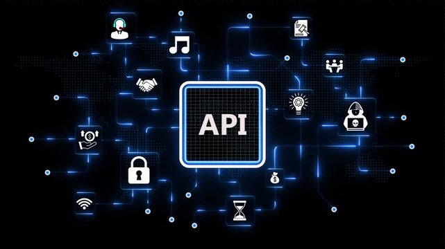 API Technology Interface with Intelligent Digital Integration, Connected Systems and Futuristic Blue Background