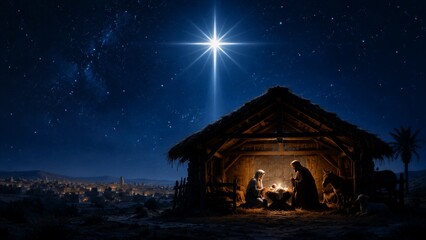 Obraz premium A stable holds Mary and Joseph as they look down at baby Jesus. A bright star shines in the night sky above them. The town is seen in the distance, adding to the setting.