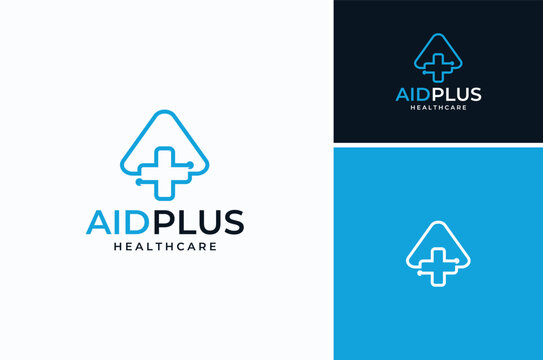 Triangle Initial Letter A with Pharmacy Cross Link Line Connection Logo Design