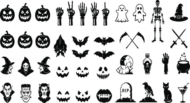Huge Halloween Vector Icon Set with Spooky Silhouettes, Jack-O-Lanterns, Ghosts, Skeletons, Witches, Vampires, and Horror Elements for Party Decorations, Stickers, and Graphic Design Projects.