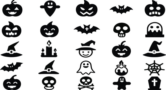 Halloween Icon Set - Collection of 25 Spooky Vector Silhouettes including Jack-O'-Lanterns, Ghosts, Bats, Skulls, Witch Hats, and Spider Webs for Creative Graphic Design and Party Invitations.