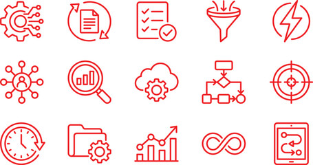 Fototapeta premium Business Automation and Devops Process Optimization Red Line Icon Set