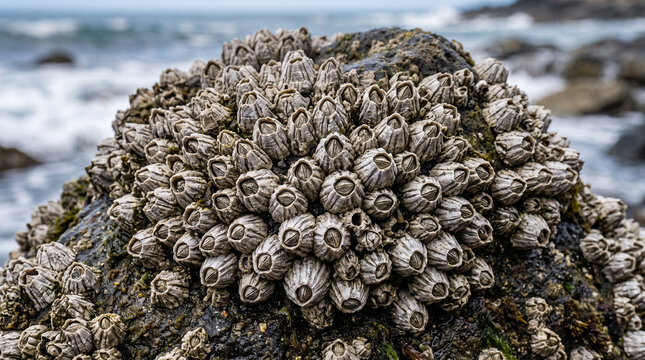 Close up of a dense cluster of barnacles on a coastal rock