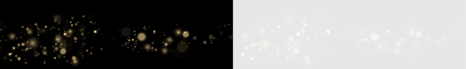 Golden glitter particles glow in darkness. Soft light bursts add glamour. Transparent PNG for festive overlays. © Freesstock