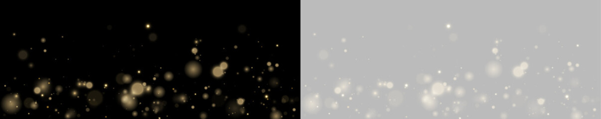Soft gold sparkles drift in the air. Bright bokeh creates a glamorous glow. Transparent PNG for holiday graphics. © Freesstock