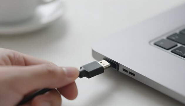 Person plugging in a USB cable into an laptop concept
