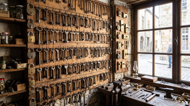 locksmith workshop antique keys wall