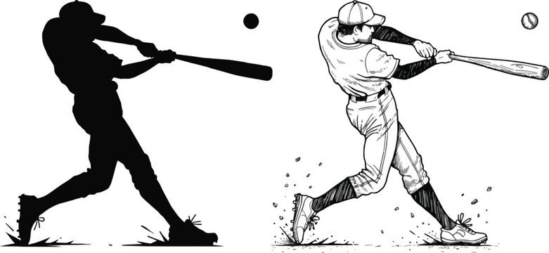 Baseball player swinging bat during game with ball in motion rendered in silhouette and line art style