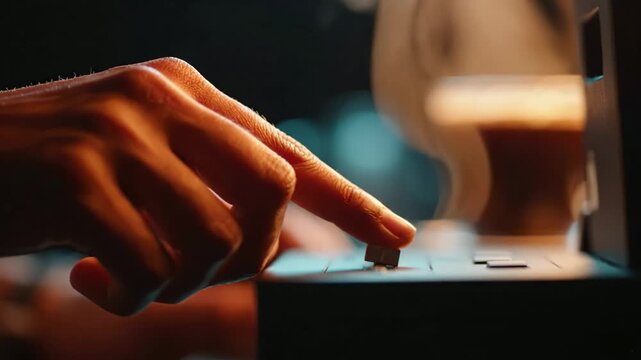 A close-up view of a hand delicately pressing a button on an audio mixer, with blurred background elements creating a moody atmosphere for a creative endeavor.