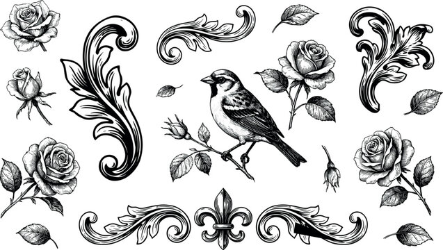 Vintage Baroque Engraving Design Elements with Bird, Detailed Rose Flowers, Scroll Leaves, and Fleur de Lis Symbols for Classic Ornamental Vector Backgrounds