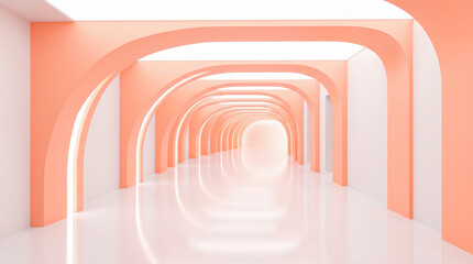 Naklejka premium Long empty architectural corridor featuring repetitive smooth peach colored curved archways over shiny reflective white floor leading toward bright glowing distant exit