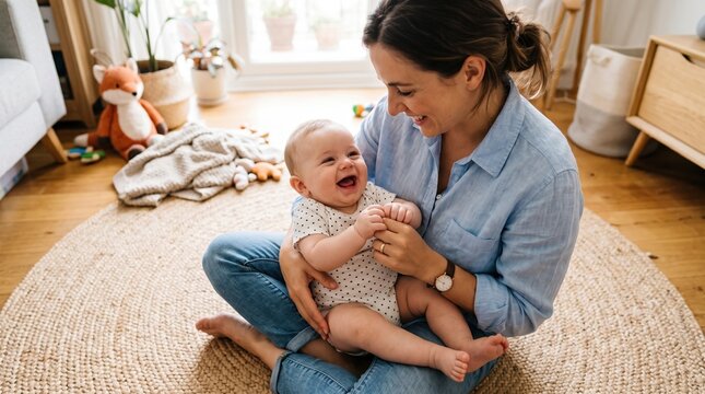Happy mother holding her laughing baby boy on a rug at home with parenting lifestyle happiness maternity affection
