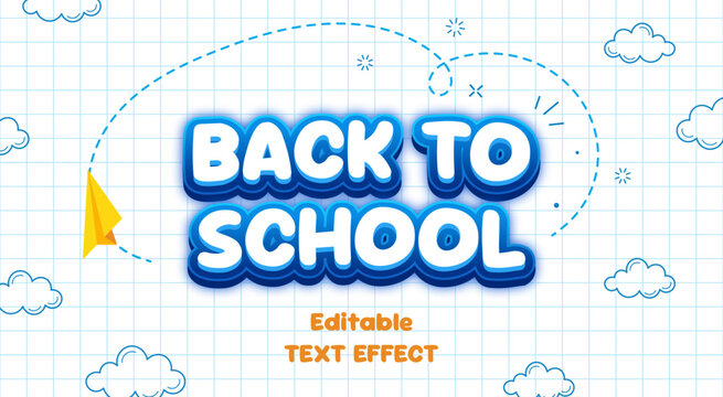 Back to school editable text effect with blue 3d letters on a notebook paper background with cute cloud doodles.