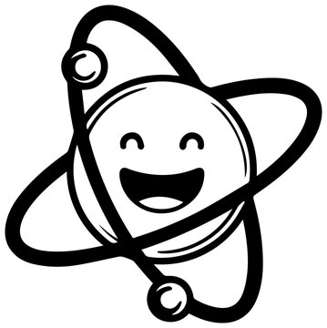 Cheerful cartoon atom character with smiling face with happy cartoon atom nucleus illustration electrons education chemistry whimsical with science