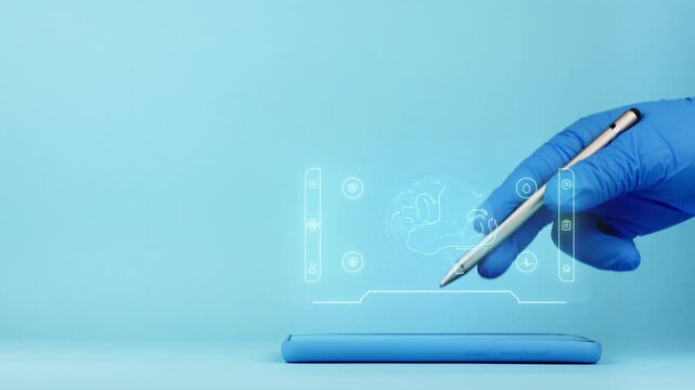 A doctor's hand presents a medical interface on a smartphone. App for brain and neurological health. Modern medicine. Isolated on a light blue background.