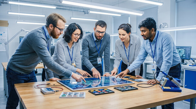 Diverse group comprising software developers standing around large interactive touchscreen table discussing complex electronic circuit board design inside modern engineering laboratory