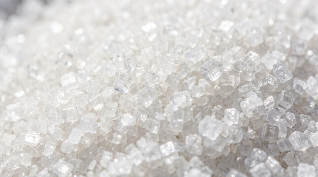 Extreme close macro photography revealing translucent white crystalline grains piled together forming textured surface under bright illumination representing sweet culinary ingredients
