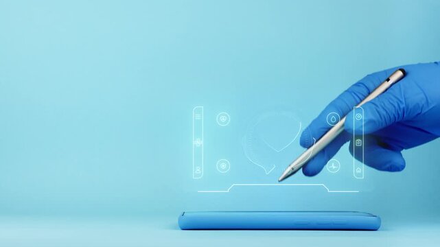 A doctor's hand displays a medical interface on a smartphone. An app for health monitoring, wellness awareness, and healthcare. Healthcare technology.