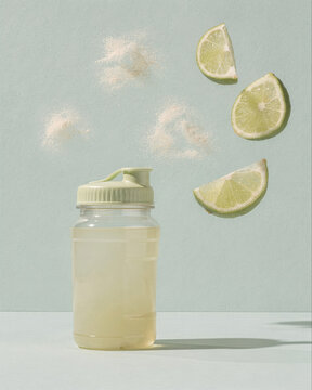 Shaker Bottle with Lime Slices and Powder Splash on Blue