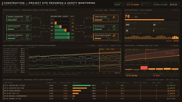 This construction project site progress and safety monitoring dashboard features a warm amber-orange color scheme with detailed visualizations of site operations and performance metrics.