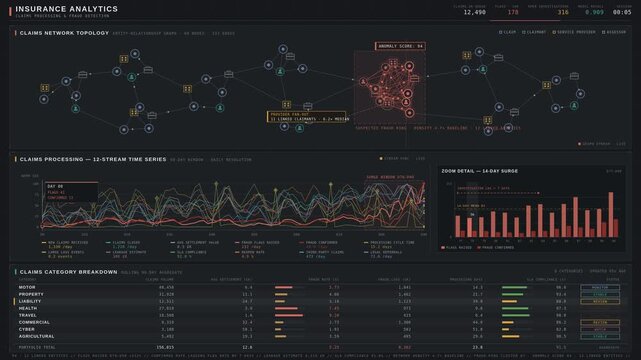 Visual representation of insurance analytics showcasing claims processing and fraud detection with network topology and time-series chart on a charcoal background.