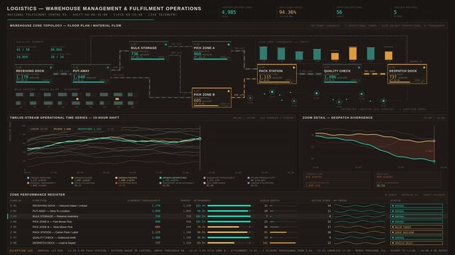 A detailed schematic top-down view of a fulfilment warehouse showcasing operational zones, throughput metrics, and a time-series chart for logistics management and performance analysis.