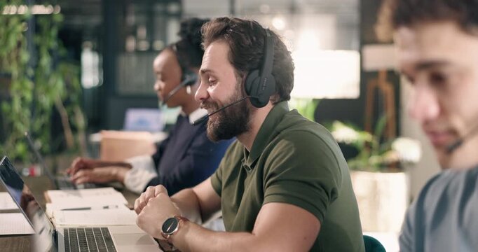 Call center, man and laptop with coworking workplace, contact us and communication with help desk. Person, colleagues and talking at pc for online advice, customer support and telecom in office