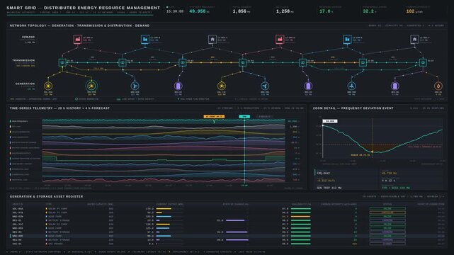A detailed smart grid dashboard visualizing distributed energy resource management with a multi-layer network diagram and a twelve-stream time-series chart for energy utilities and grid operators.