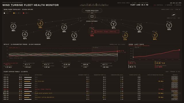 Visual representation of a predictive maintenance dashboard for a wind turbine fleet, showcasing health scores, temperature trends, and fault alerts in a high-quality industrial IoT interface.