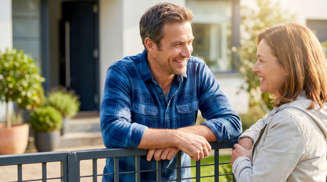 Two smiling neighbours chatting over a garden fence in front of a house on a sunny day