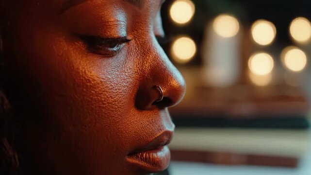 A Close-Up Portrait of a Person's Profile Emphasizing Skin Texture and Expression Under Soft Lighting with Bokeh Background Effects