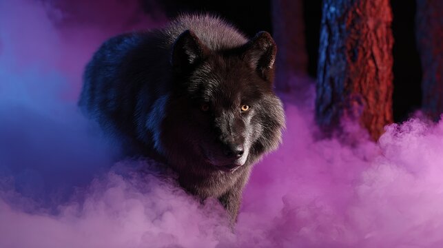 Mystical Wolf in Colored Smoke: A powerful black wolf emerges from a swirling cloud of vibrant pink and blue smoke, its piercing eyes fixed on the viewer.