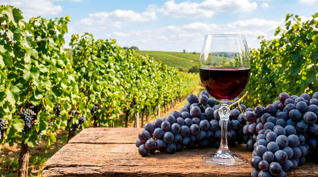 A glass of red wine with fresh grapes on a wooden table in a vineyard.