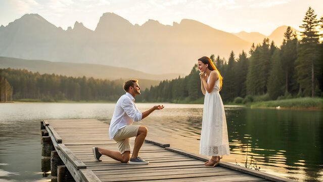 Man proposing to woman on a wooden pier. Romantic marriage proposal at a mountain lake.