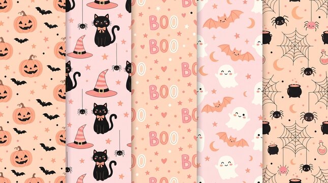 Cute pastel halloween seamless patterns collection featuring black cats pumpkins bats and spooky boo text designs