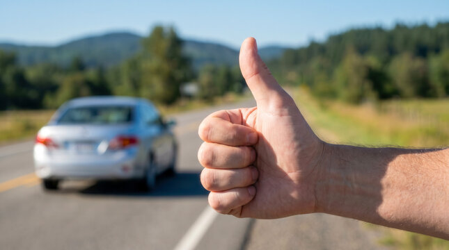 Hitchhiker giving a thumbs up gesture on the side of a rural road with a car approaching.