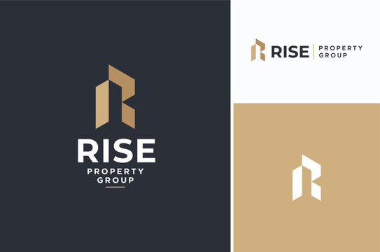 Initial Letter R with Futuristic Contemporary Building for Apartment Construction Property logo design
