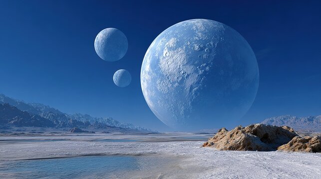 Alien Worlds Unveiled: Three colossal moons dominate a vast, icy landscape under a brilliant blue sky, hinting at extraterrestrial wonders and cosmic exploration.