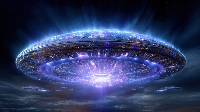 Alien Spaceship Above City: A massive, luminous alien spacecraft hovers ominously over a city skyline, emitting beams of intense blue light.