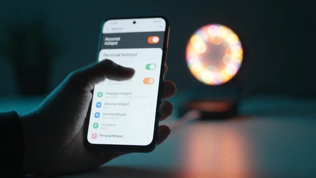 A hand holding a smartphone displaying the home screen and settings menu, with a glowing colorful lamp in the background creating a captivating atmosphere.
