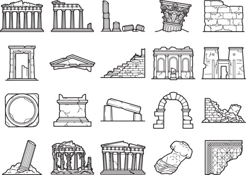 A collection of line art illustrations depict ancient ruins and architectural elements, showcasing weathered stone structures and crumbling facades, evoking a sense of historical decay and grandeur.