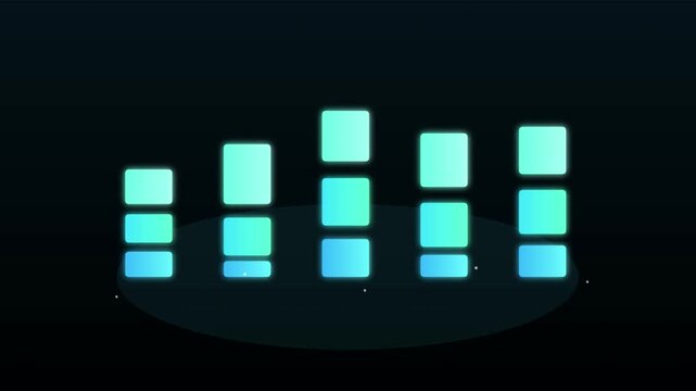 Digital audio sound wave equalizer displays representing dynamic frequency levels in vibrant glowing cyan blue tones
