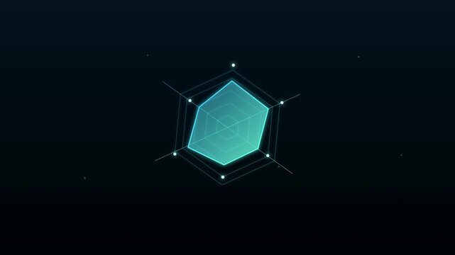 Three progressive hexagonal radar charts expanding on dark digital background for data visualization analysis metrics